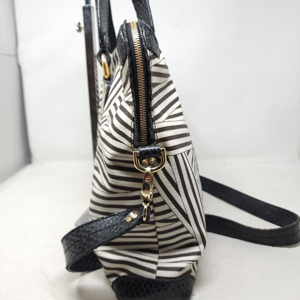 Henri Bendel Laptop Bag Disturbed Stripe Brown Black Canvas Leather Briefcase - Picture 3 of 16